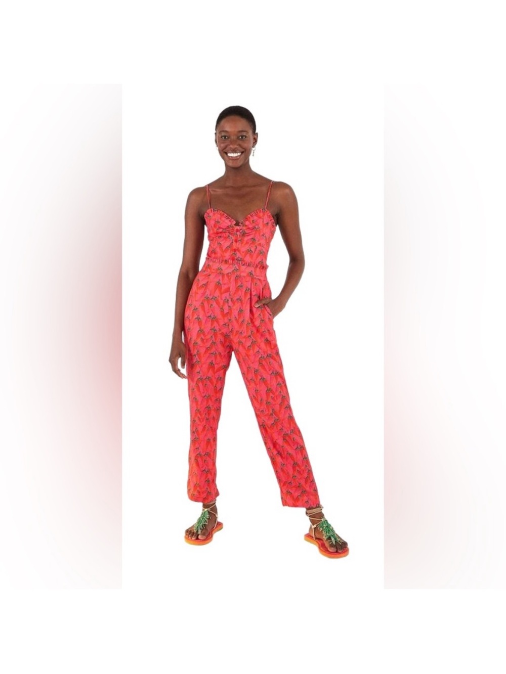 FARM Rio Coral-Red Pepper Print Spaghetti-Strap Jumpsuit
